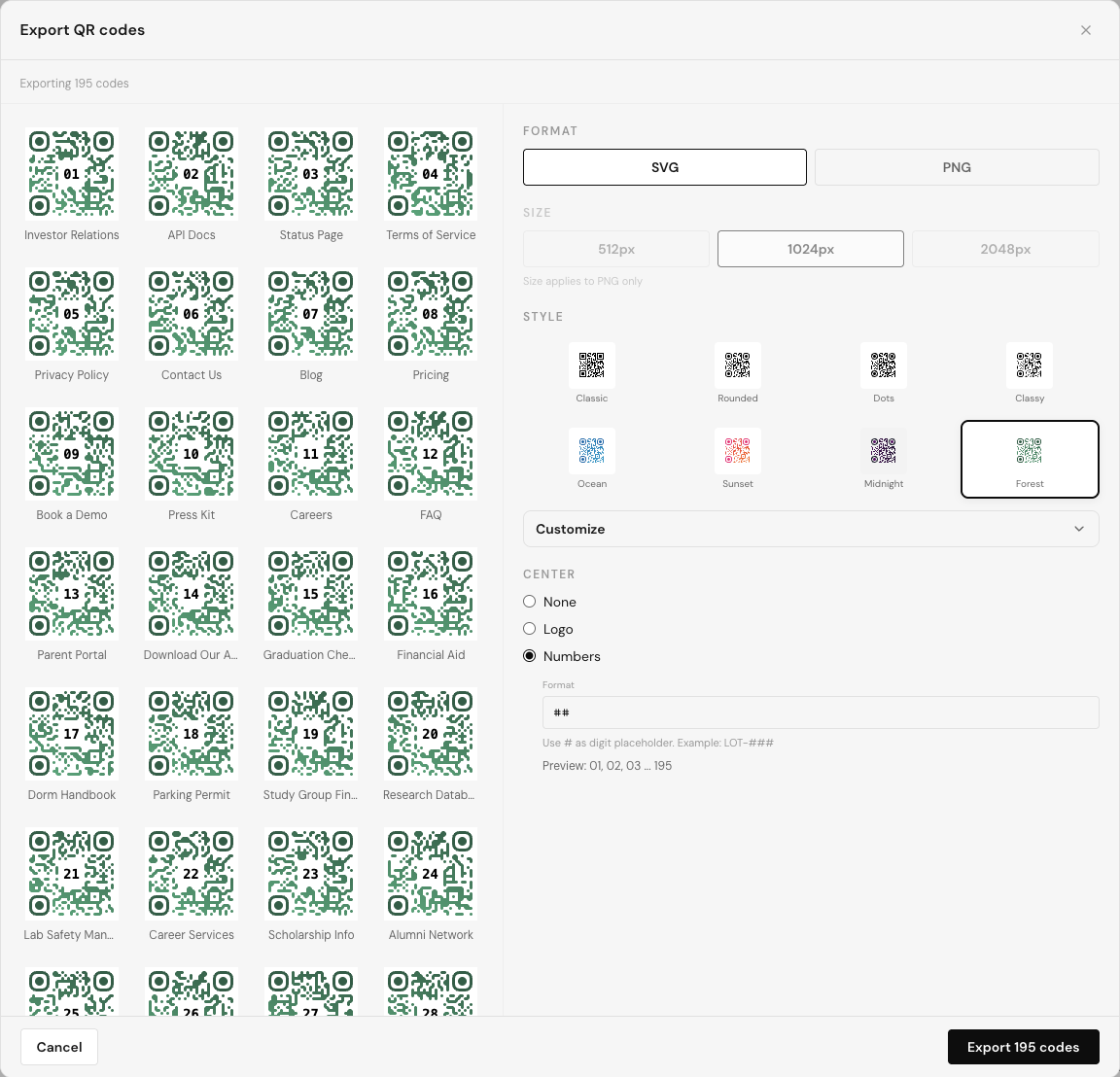QR code bulk export dialog with style presets and auto-numbered label options