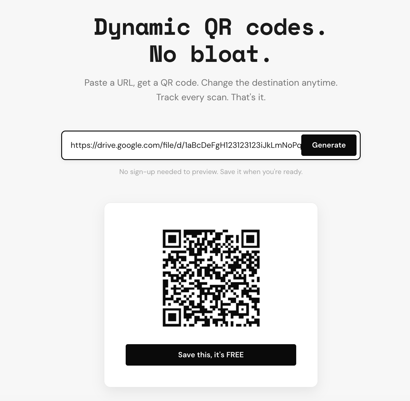 Paste your Google Drive link, get a QR code. That's the whole process.