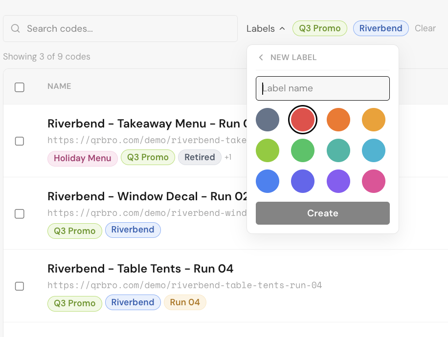 Type a name, pick a colour, and the label is live for everyone on the team.