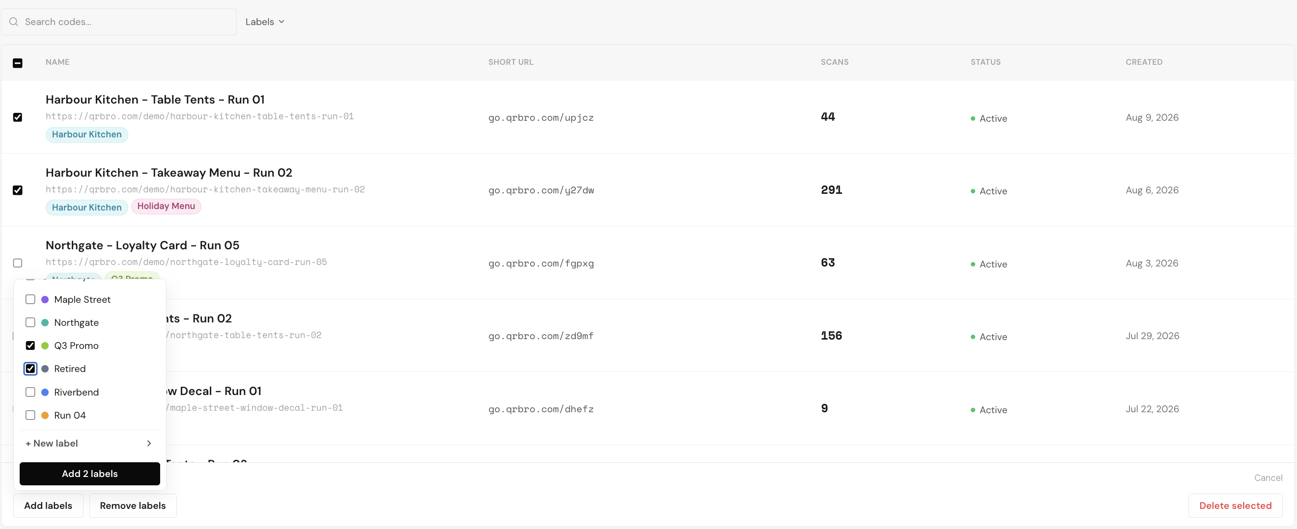 The Add labels panel open over a live selection, with two labels ticked and one button ready to apply both at once.